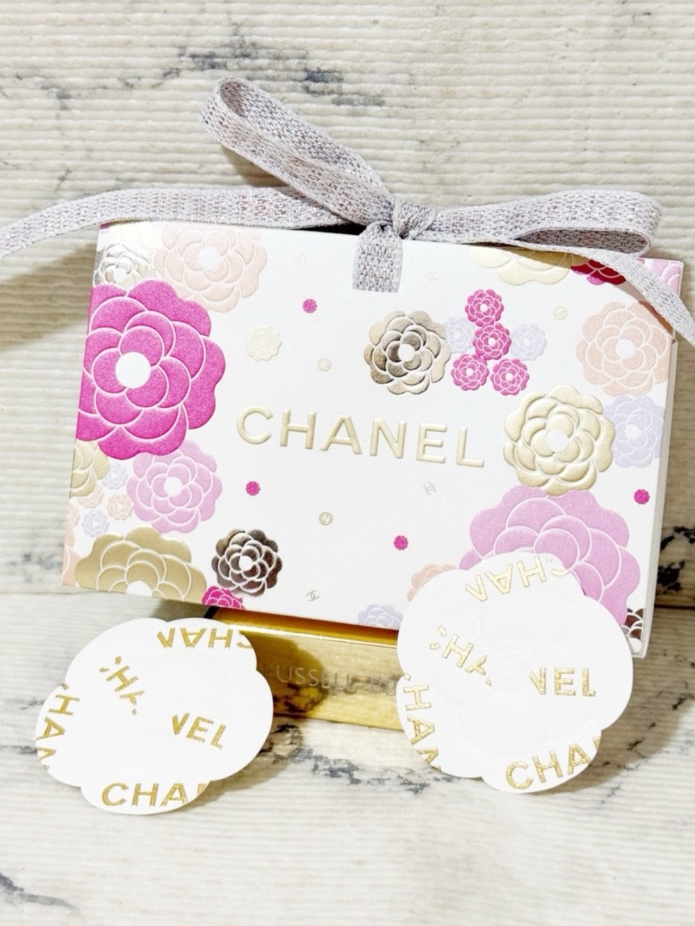 Chanel Beauty Pink Gold Camellia Floral Gift Bag with 2 Chanel Camellia Stickers